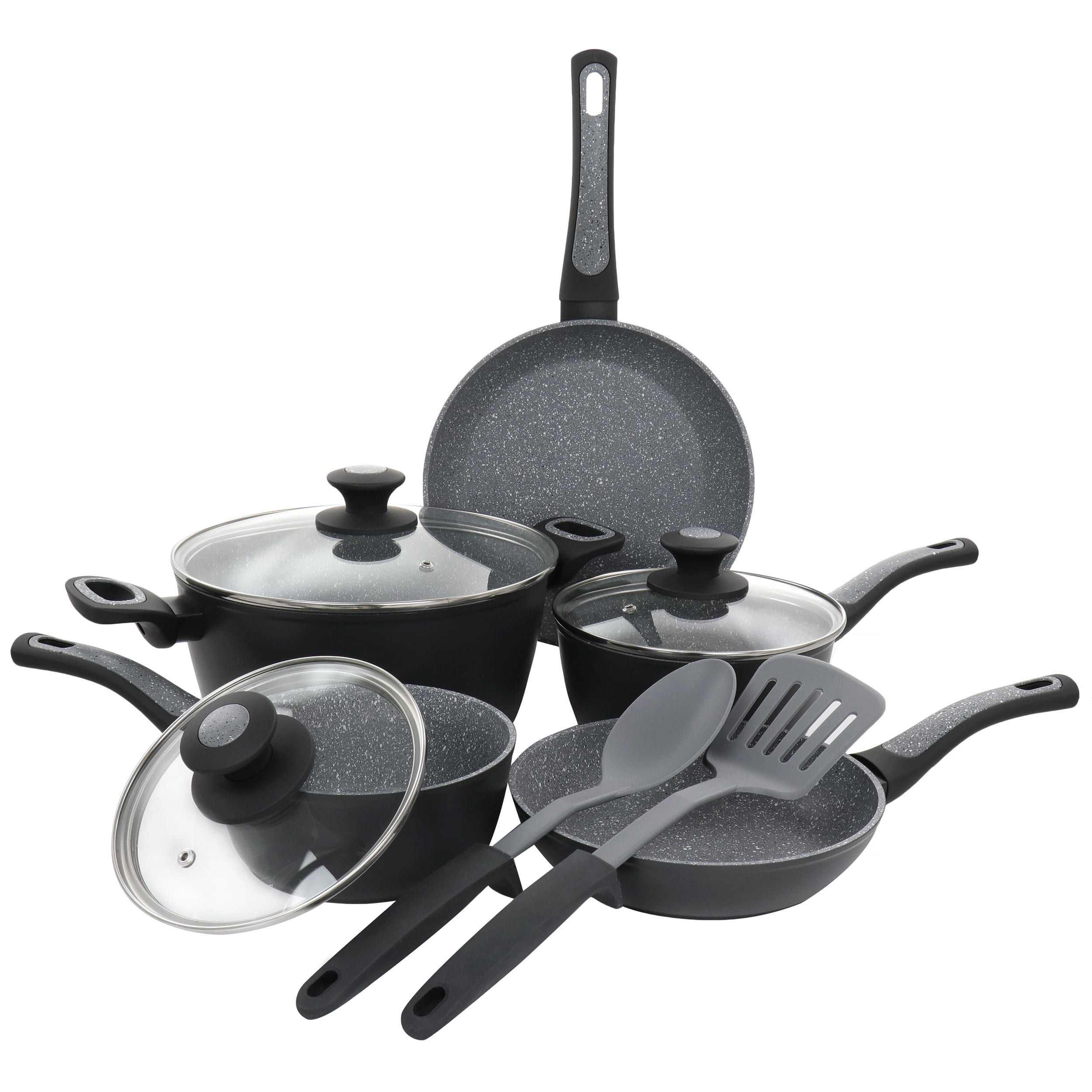 Bergner 10 PC Non Stick Cast Aluminum Pots and Pans Cookware Set, 10 Pieces, Black
