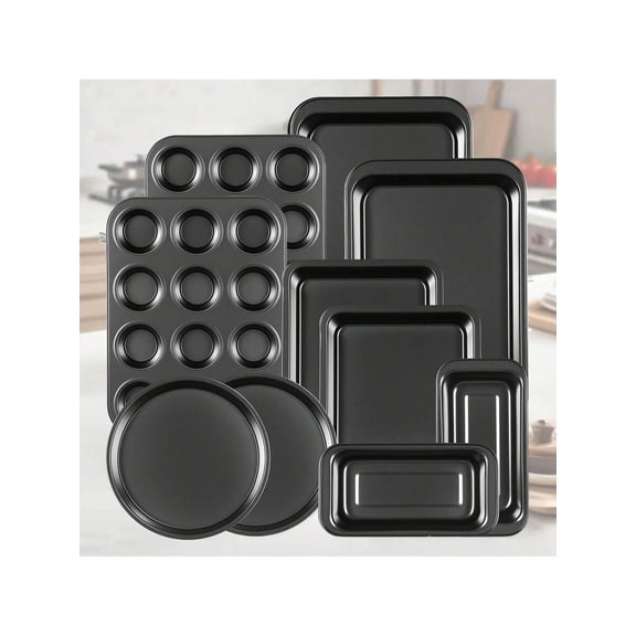 10-Piece Non-Stick Baking Pan Set - Stackable, Round/Square Cake/Muffin Pans (Black) | Christmas Kitchen Baking/Cooking Gift