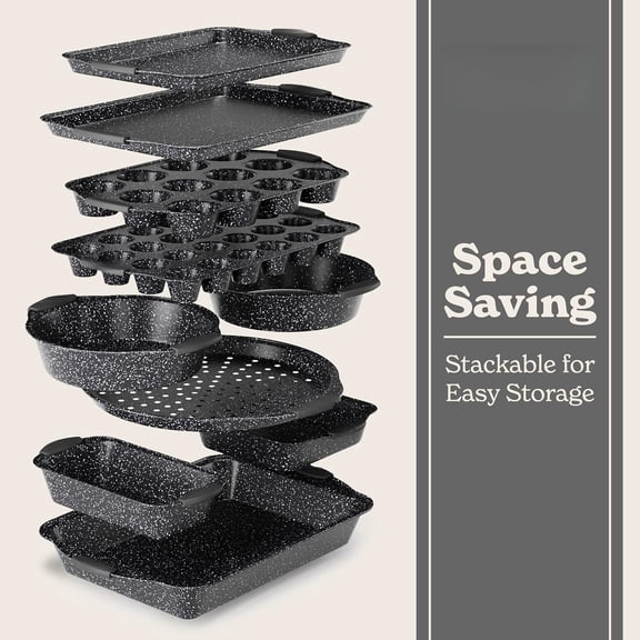 10-Piece Nonstick Bakeware Set, Stackable Baking Pans with Easy Release Coating, Durable Oven-Safe Bakeware for Cakes, Cookies, Muffins & Roasting, Black