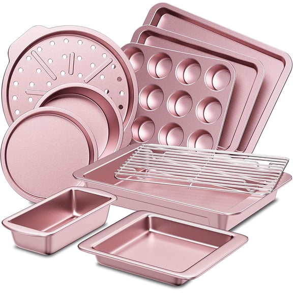 10-Piece Nonstick Baking Set with Rack Cookie Sheet Cake Loaf Muffin and Pizza Pans Pink