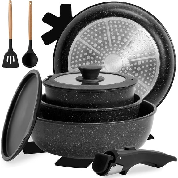 10 Piece Nonstick Ceramic Cookware Set with Detachable Handles Stackable Induction Oven and Dishwasher Safe Modern Black