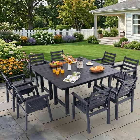 10-Piece Outdoor Dining Set, All-Weather HDPE Patio Furniture, Two 66.5" Slatted Table with 1.6" Umbrella Hole & 8 Ergonomic Armchairs, Heavy Duty 350lbs Capacity, UV Resistant, Black