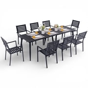 10-Piece Outdoor Dining Set - Two 47.25 HDPE Patio Tables and 8 Stackable Armrest Chairs - All-Weather Rust-Proof Steel Frame for Garden, DeckBlack