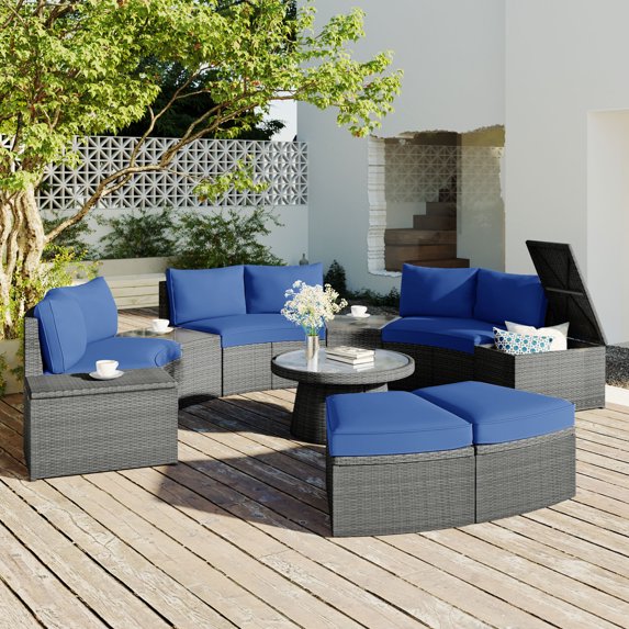 10 Piece Outdoor Half-Moon Furniture Set, Wicker Sectional Conversation Set with 2 Storage Box and Glass Coffee Table, Waterproof Patio Curved Sofa Set with Cushions, Blue