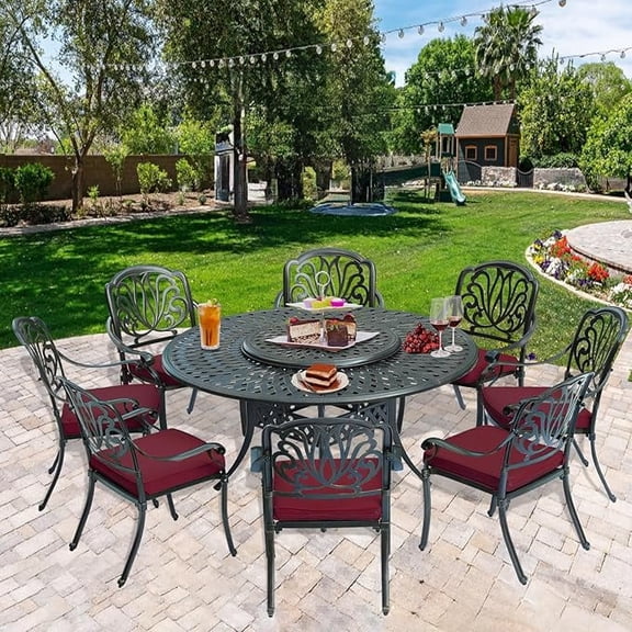 10-Piece Patio Cast Aluminum Dining Set, 8 Person Outdoor Dining Furniture Set, Includes 8 Cushioned Chairs and 61" Large Round Dining Table with 31" Lazy Susan, Umbrella Hole, Red