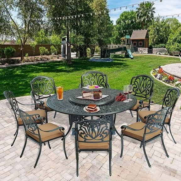 10-Piece Patio Cast Aluminum Dining Set, 8 Person Outdoor Dining Furniture Set, Includes 8 Cushioned Chairs and 61" Large Round Dining Table with 31" Lazy Susan, Umbrella Hole, Tan