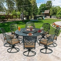 SOCIALCOMFY 10-Piece Patio Cast Aluminum Dining Set, 8 Person Outdoor Dining Furniture Set, Includes 8 Swivel Dining Chairs and 61" Large Round Dining Table with 31" Lazy Susan, Umbrella Hole, Tan
