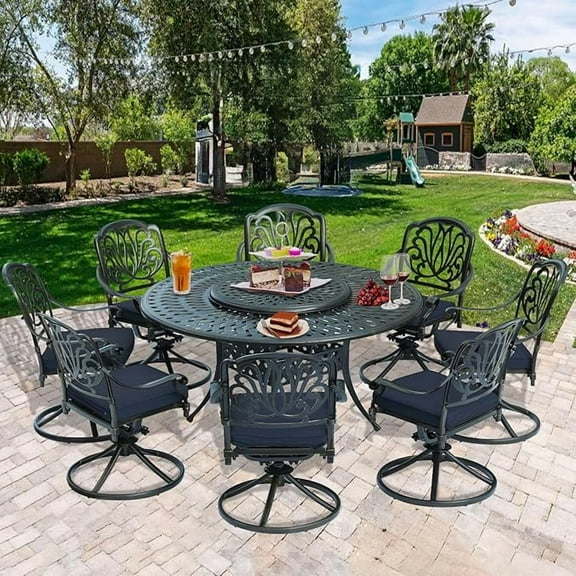 SOCIALCOMFY 10-Piece Patio Cast Aluminum Dining Set, 8 Person Outdoor Dining Furniture Set, With 8 Swivel Dining Chairs and 61" Large Round Dining Table w/ 31" Lazy Susan, Umbrella Hole, Navy Blue
