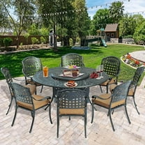 SOCIALCOMFY 10-Piece Patio Cast Aluminum Dining Set, Outdoor Dining Furniture Set for 8 Person, Includes 8 Cushioned Chairs and 61" Large Round Dining Table with 31" Lazy Susan, Umbrella Hole, Tan