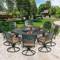 SOCIALCOMFY 10-Piece Patio Cast Aluminum Dining Set, Outdoor Dining Furniture Set for 8 Person, With 8 Swivel Dining Chairs and 61" Large Round Dining Table with 31" Lazy Susan, Umbrella Hole, Tan