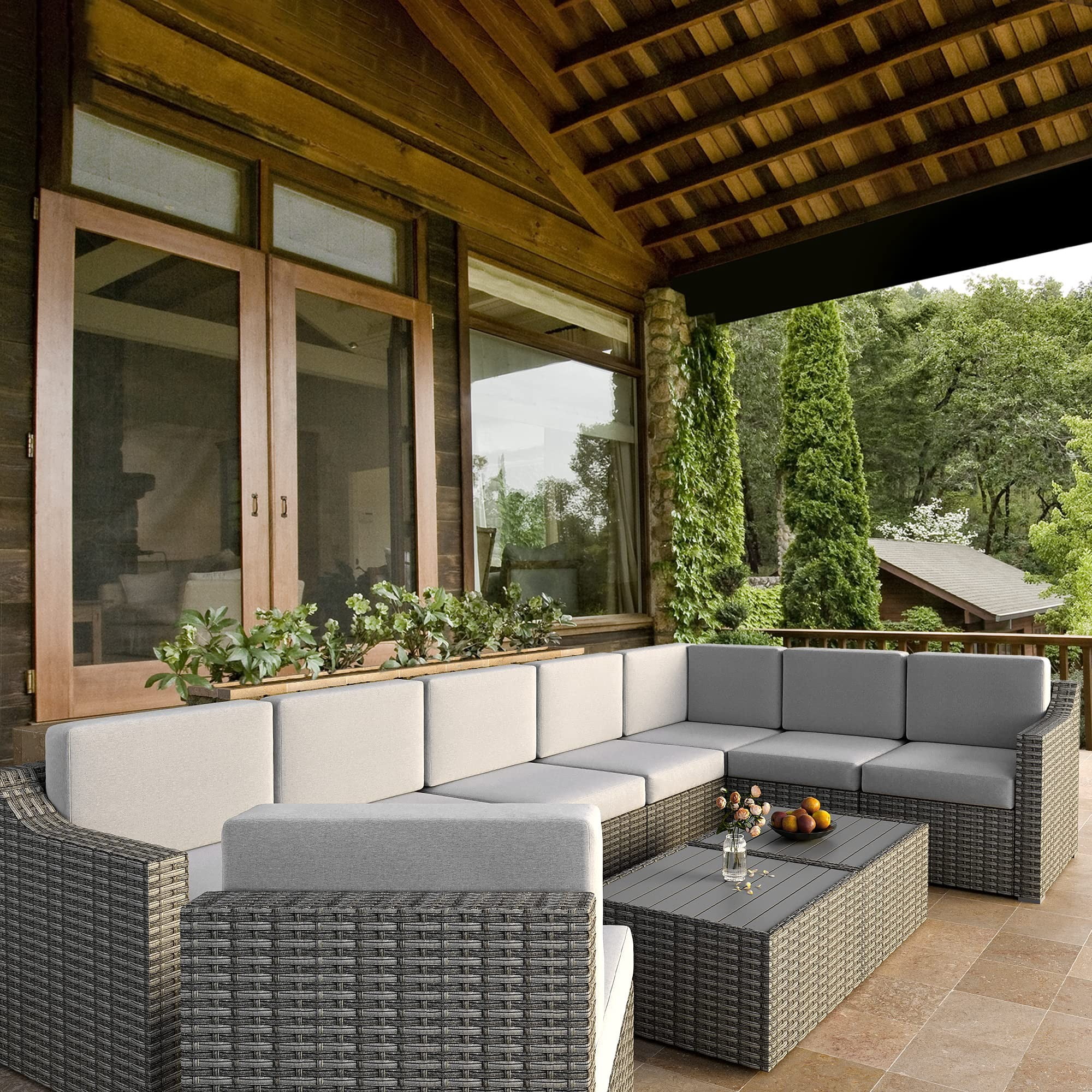 10 Piece Patio Conversation Set, All-Weather PE Rattan Wicker Outdoor Sectional Sofa Set with Thick Cushions, Modular Patio Furniture for Backyard, Deck, Porch, Balcony (Grey/Beige)