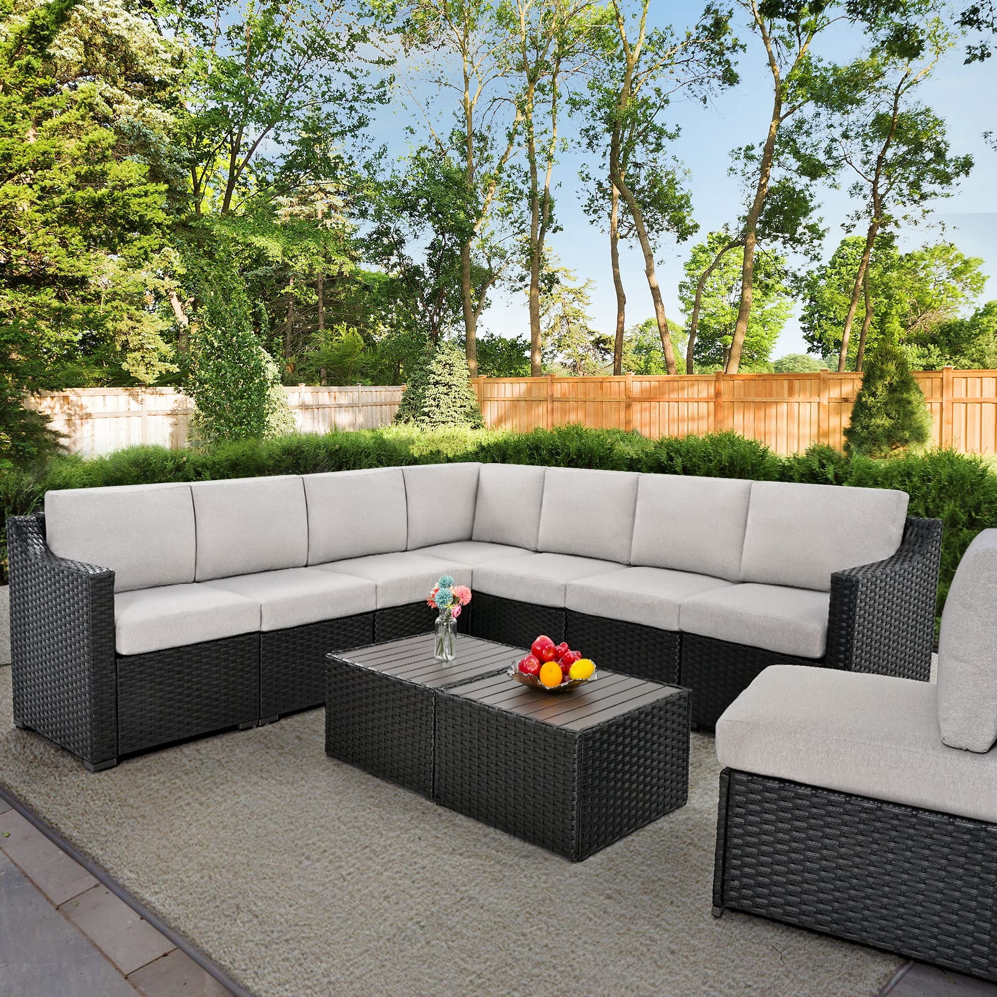 10 Piece Patio Conversation Set, All-Weather PE Rattan Wicker Outdoor Sectional Sofa Set with Thick Cushions, Modular Patio Furniture for Backyard, Deck, Porch, Balcony (Brown/Gray)