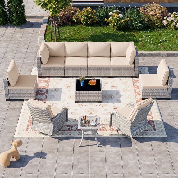 10-Piece Patio Furniture Set, Outdoor Patio Furniture with Swivel Chairs Set, Thick Cushions, Modular Patio Sofa, Dual-Strand Wicker Rattan, Rust-Resistant Frame, Khaki