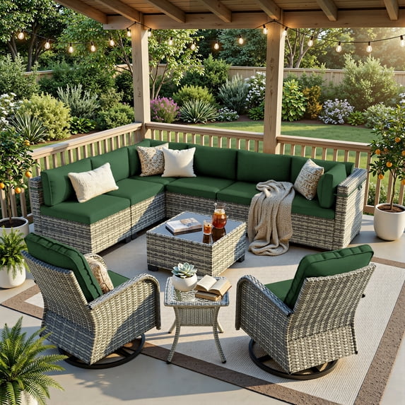 10-Piece Patio Furniture Set, Outdoor Patio Furniture with Swivel Chairs Set, Thick Cushions, Modular Patio Sofa, Dual-Strand Wicker Rattan, Rust-Resistant Frame, Dark Green
