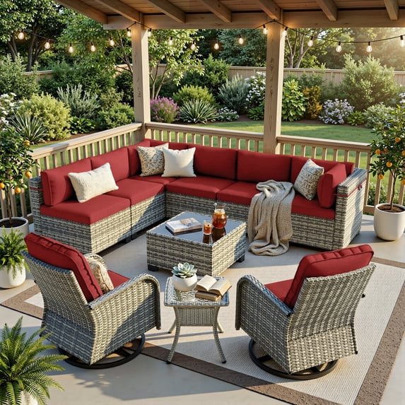 10-Piece Patio Furniture Set, Outdoor Patio Furniture with Swivel Chairs Set, Thick Cushions, Modular Patio Sofa, Dual-Strand Wicker Rattan, Rust-Resistant Frame, Red