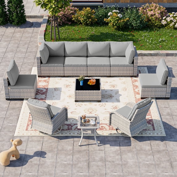 10-Piece Patio Furniture Set, Outdoor Patio Furniture with Swivel Chairs Set, Thick Cushions, Modular Patio Sofa, Dual-Strand Wicker Rattan, Rust-Resistant Frame, Grey
