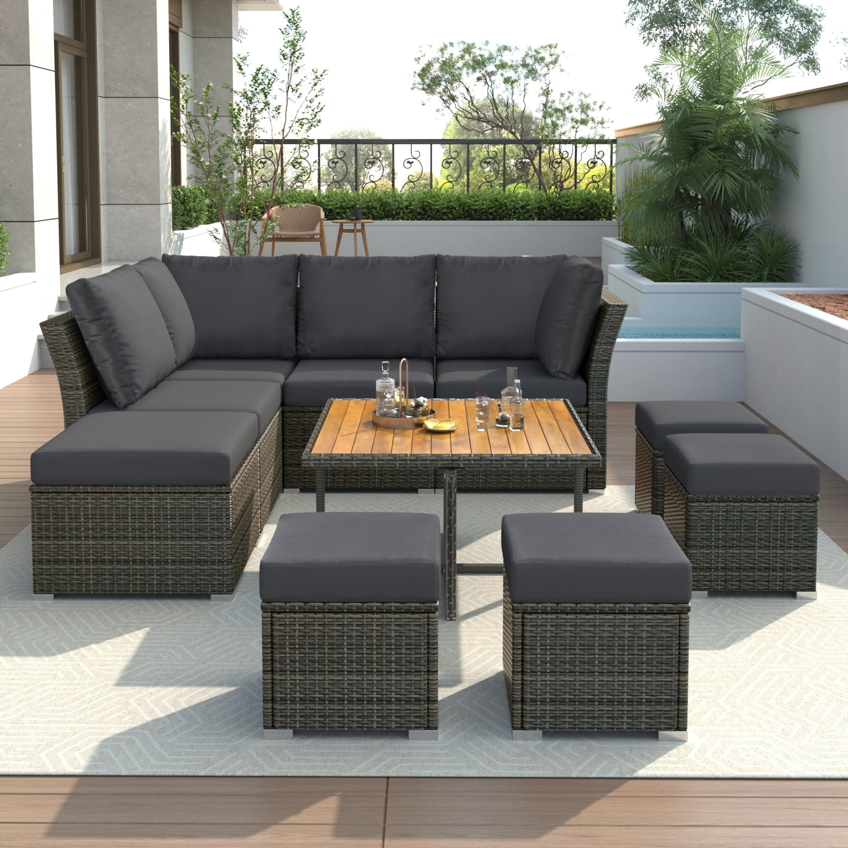 10 Piece Patio Furniture Set, Outdoor Rattan Wicker Sectional Sofa Set ...