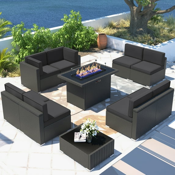 Sunny Hill 10 Wicker Weatherproof Outdoor Conversation Sets with Sofas and Table, Black/Black