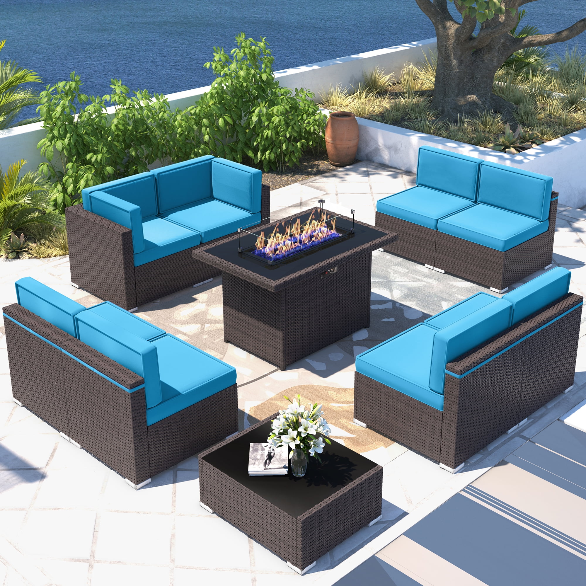 10 Piece Patio Furniture Set with 44" Propane Gas Fire Pit Table, Outdoor Sectional Conversation Set Wicker Rattan Sofa Set with Coffee Table