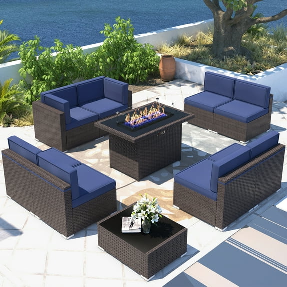 10 Piece Patio Furniture Set with 44" Propane Gas Fire Pit Table, Outdoor Sectional Conversation Set Wicker Rattan Sofa Set with Coffee Table