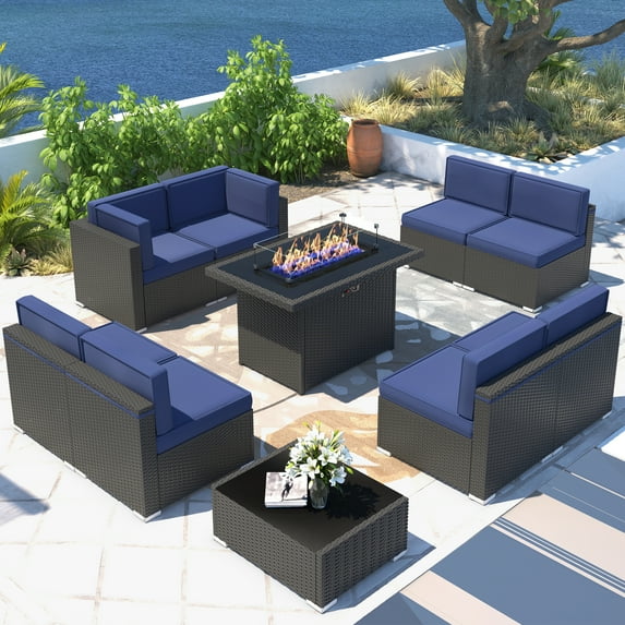 10 Piece Patio Furniture Set with 44" Propane Gas Fire Pit Table, Outdoor Sectional Conversation Set Wicker Rattan Sofa Set with Coffee Table