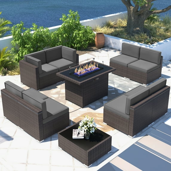 10 Piece Patio Furniture Set with 44" Propane Gas Fire Pit Table, Outdoor Sectional Conversation Set Wicker Rattan Sofa Set with Coffee Table