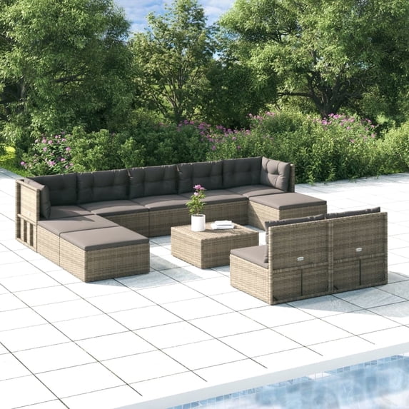 10 Piece Patio Lounge Set with Cushions Gray Poly Rattan