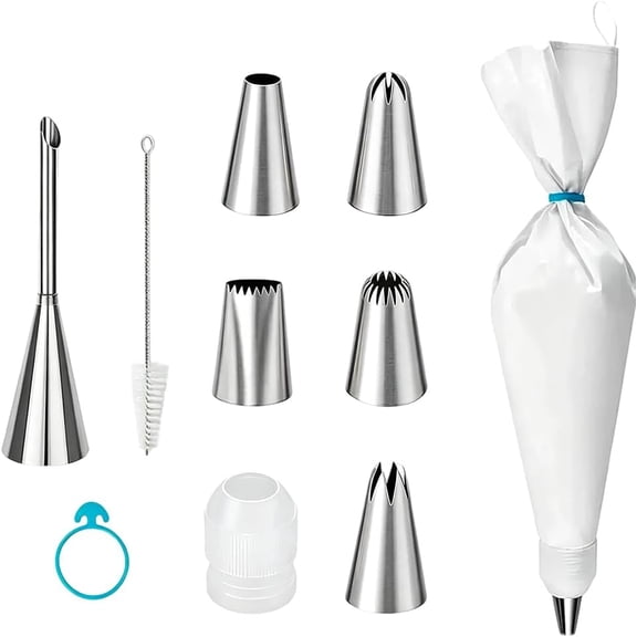 10-Piece Piping Bags and Tips Set, Reusable Cake Decorating Kit with 16 Inch Pastry Bag, 5 Icing Tips, 1 Puff Nozzle, 1 Bag Ties, 1 Couplers, 1 Brush, Baking Tools Frosting Kit for Cake Decorating