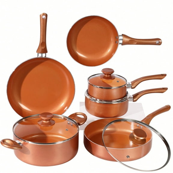 10-Piece Pots And Pans Set Nonstick, Aluminum Nonstick Ceramic Cookware Set With Lids, Induction, Oven, Gas, Stovetops Compatible For Family Meals -  Copper