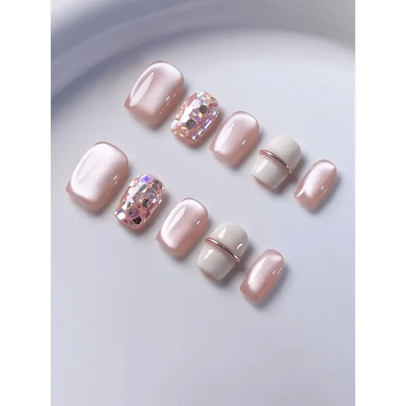 10-Piece Press-On Nails Set Multicolor Pink Pearl Glitter Cat Eye Design