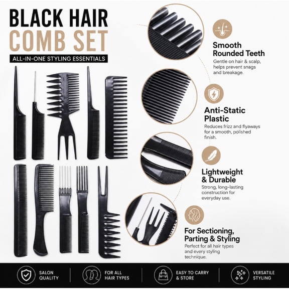 10 Piece Hairdressing Comb Set, Plastic Barber Combs for Hair Styling and Daily Hair Care, TIKA