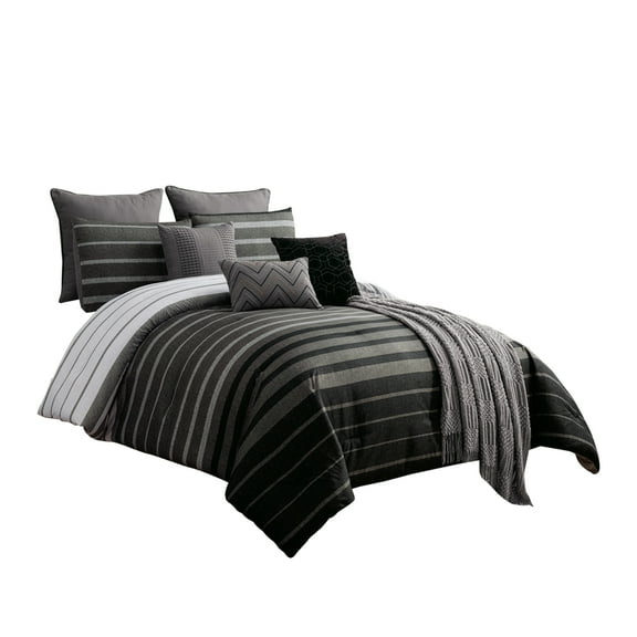 10 Piece Queen Polyester Comforter Set with Striped Details, Black and Gray- Saltoro Sherpi
