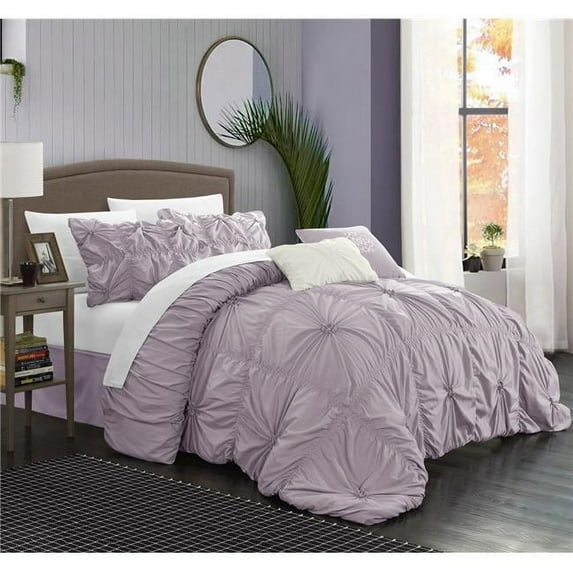 10 Piece Ramanda Floral Pinch Pleat Ruffled Designer Embellished King Comforter Set, Lavender with Sheet Set