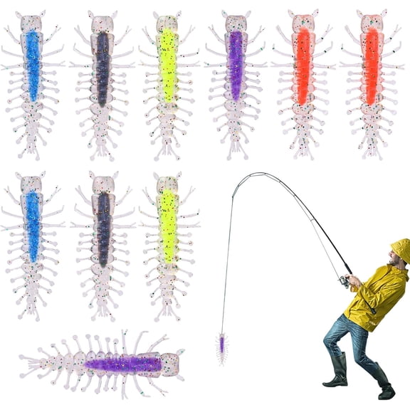 10 Pc Realistic Centipede Fishing Lures with Sequins - Soft Bait for Bass, Crappie, Salmon, Catfish, Freshwater & Saltwater Sport Fishing P