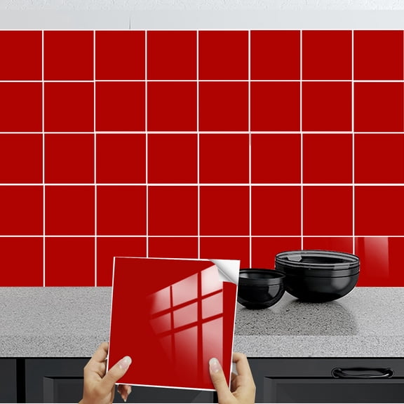 10 Piece Red Tiles Decals Stickers 8 x 8inches Self Adhesive Waterproof Removable Vinyl Peel and Stick for Kitchen Bathroom Wall Decor