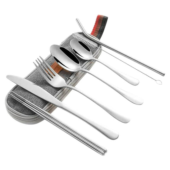 10-Piece Reusable Travel Utensil Set with Stainless Steel Knife Fork Spoon Chopsticks Straws and Multitool for Camping Hiking Picnics