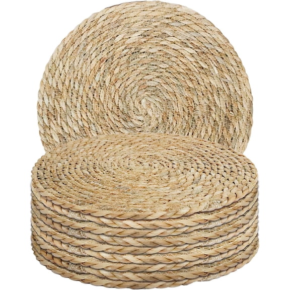 10 Piece Round Rattan Placemats & Round Woven Placemats, Natural Water Hyacinth & Rattan, 12" Farmhouse Table Mats for Dining, Rustic Home Decor or Wedding Reception.