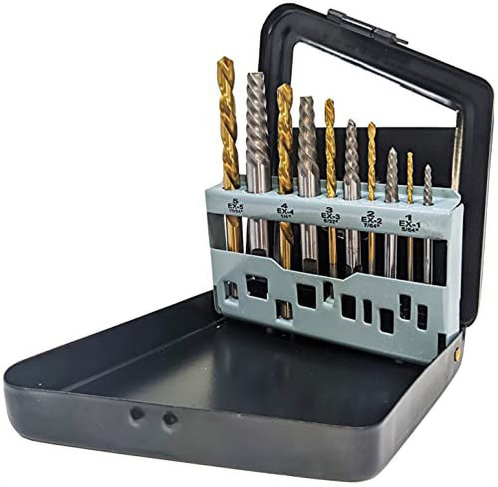 10 Piece Screw Extractor and Left Hand Drill Bit Set Easily Remove Stripped Screws and Damaged Bolts Includes 5 HSS Left Hand Drill Bits 5 GCr15 Extractors and Metal Case Walmart