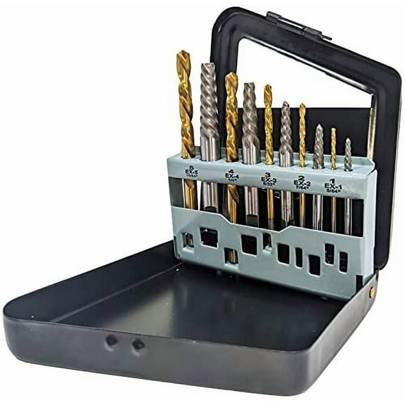 10 Piece Screw Extractor and Left Hand Drill Bit Set, Easily Remove Stripped Screws and Damaged Bolts, Includes 5 HSS Left-Hand Drill Bits, 5 GCr15 Extractors, and Metal Case