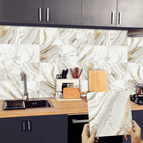 10 Piece Self Adhesive Vinyl Tiles Wall Stickers 6" x 6" Gray White and Gold Marbling Decals Waterproof Peel and Stick Kitchen Backsplash