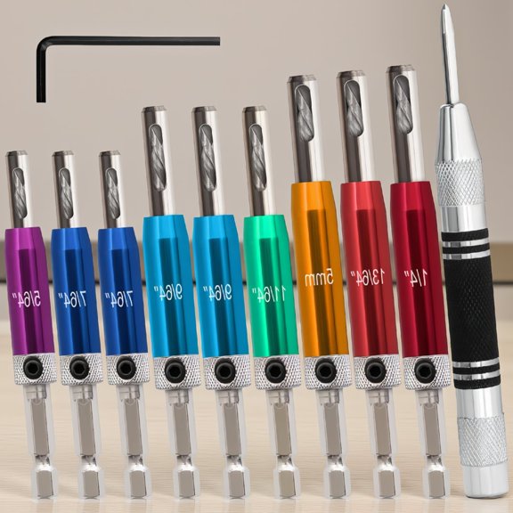 10-Piece Self Centering Drill Bit Set, 1/4" Hex Shank Vix Bits 5/64"-1/4" with Center Punch & Storage Case, Color Coded
