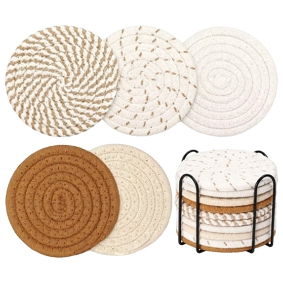 10 Piece Set Cotton Rope Woven Round Placemats with Stand Heat Resistant Table Mats Coasters for Dining Table Kitchen Office