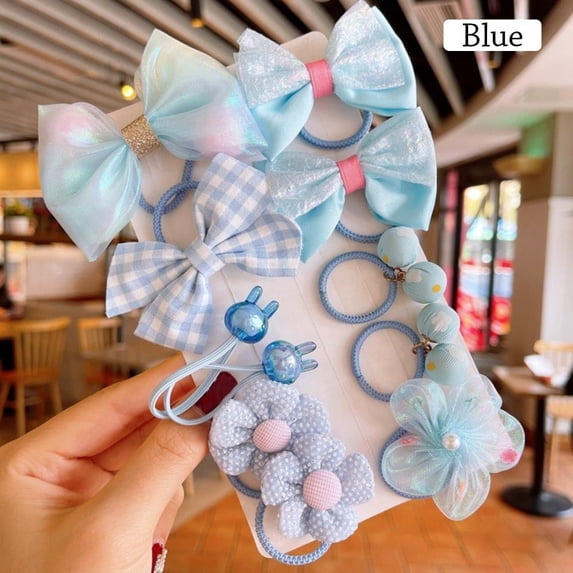 10-Piece/Set Little Girl Bowknot Elastic Cute Head Rope Baby Hair Ring Rubber Band Mesh Bow BLUE