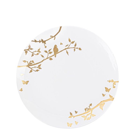 10 Piece Set of Spring Collection White and Gold Plastic Salad Plates 7.5" for Dinner Parties, Wedding, Thanksgiving