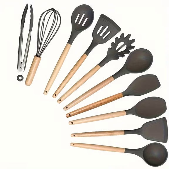 10-Piece Silicone Kitchen Utensil Set - Heat Resistant Non-Stick Cooking Tools with Ergonomic Wooden Handles