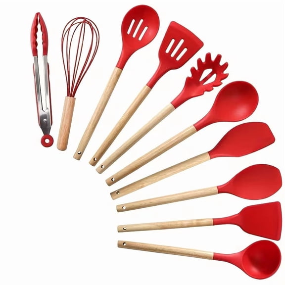 10-Piece Silicone Kitchen Utensil Set - Heat Resistant Non-Stick Cooking Tools with Ergonomic Wooden Handles
