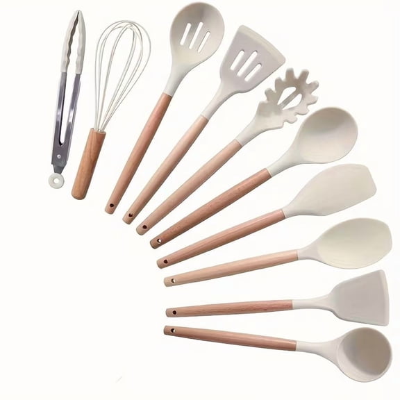 10-Piece Silicone Kitchen Utensil Set - Heat Resistant Non-Stick Cooking Tools with Ergonomic Wooden Handles