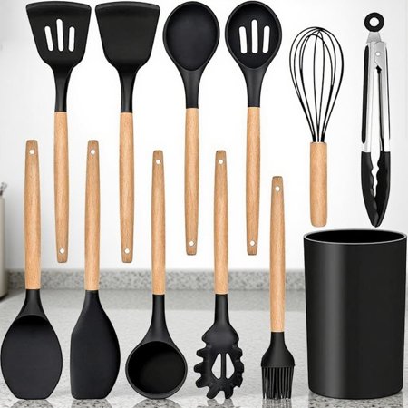10-Piece Silicone Kitchen Utensils Set with Holder, Non-Stick Cookware Friendly & Heat Resistant - Includes Spatula, Tong, Whisk, Ladle, Brush, Slotted Turner, Spoon (Black)