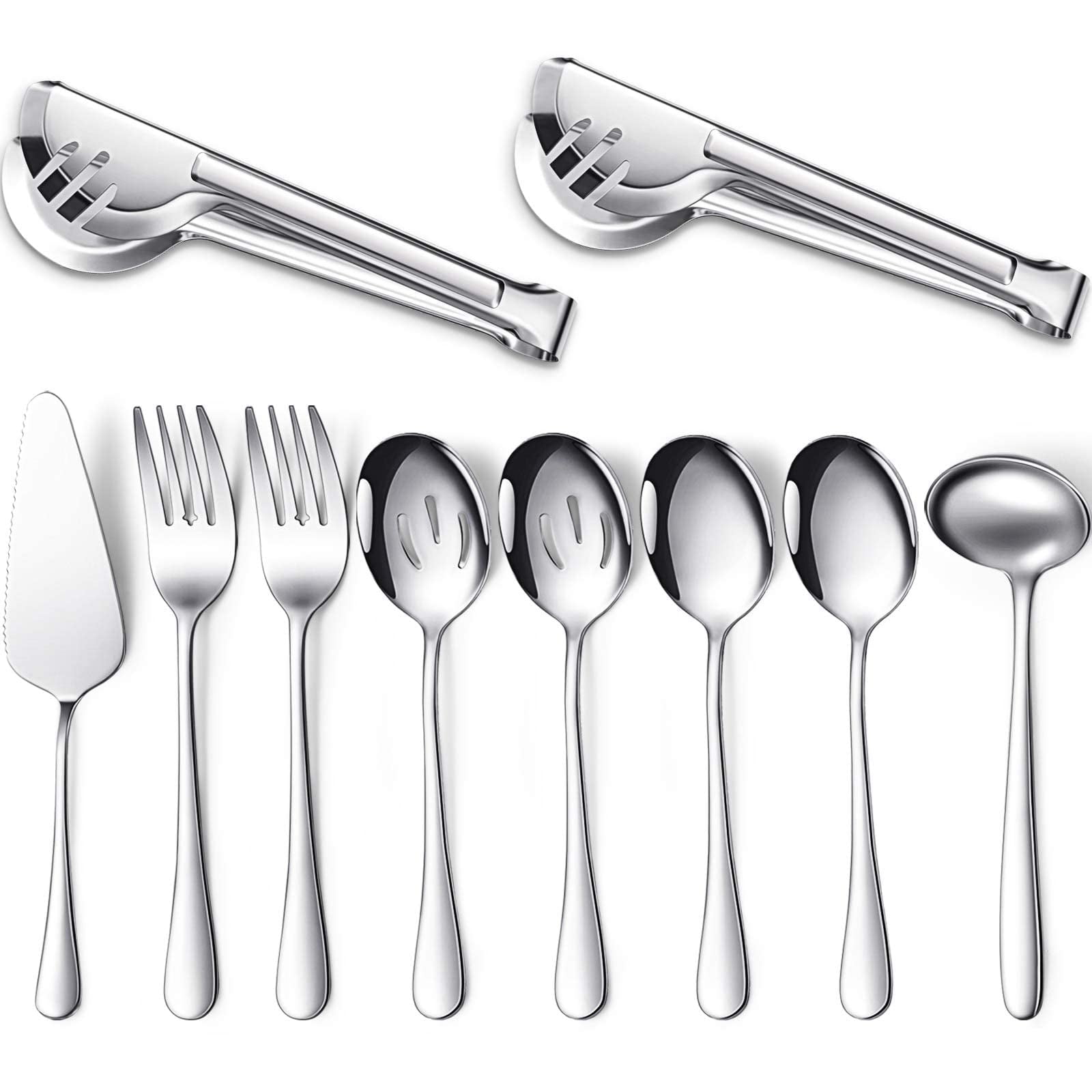 10-Piece Silverware Set Stainless Steel, Flatware Set,Serving Spoons, Slotted Spoons, Serving Tongs & Forks, Cake Server