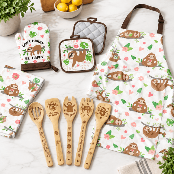 10-Piece Sloth Themed Kitchen Utensil Set With Wooden Spoons, Apron, Towel, Oven Mitt And Pot Holders